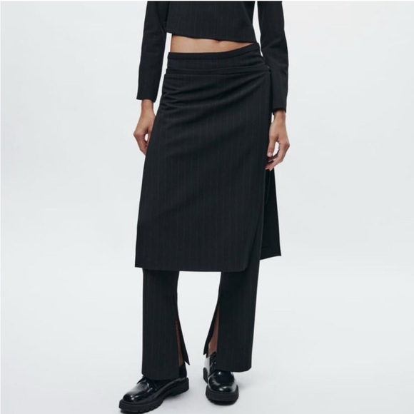Zara Black Pinstripe Pareo Skirt Over High-waist Trousers, Size XS, NWOT - Picture 1 of 10